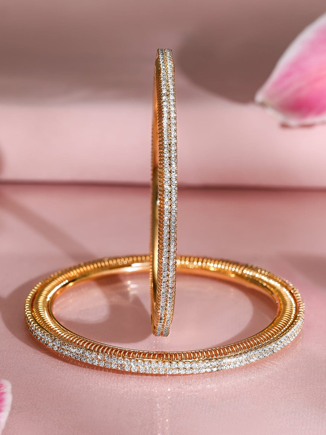 Rubans Set of 2, 22K Gold-Plated Cubic Zirconia Studded Sparkling Premium Bangles 2.4 - Small