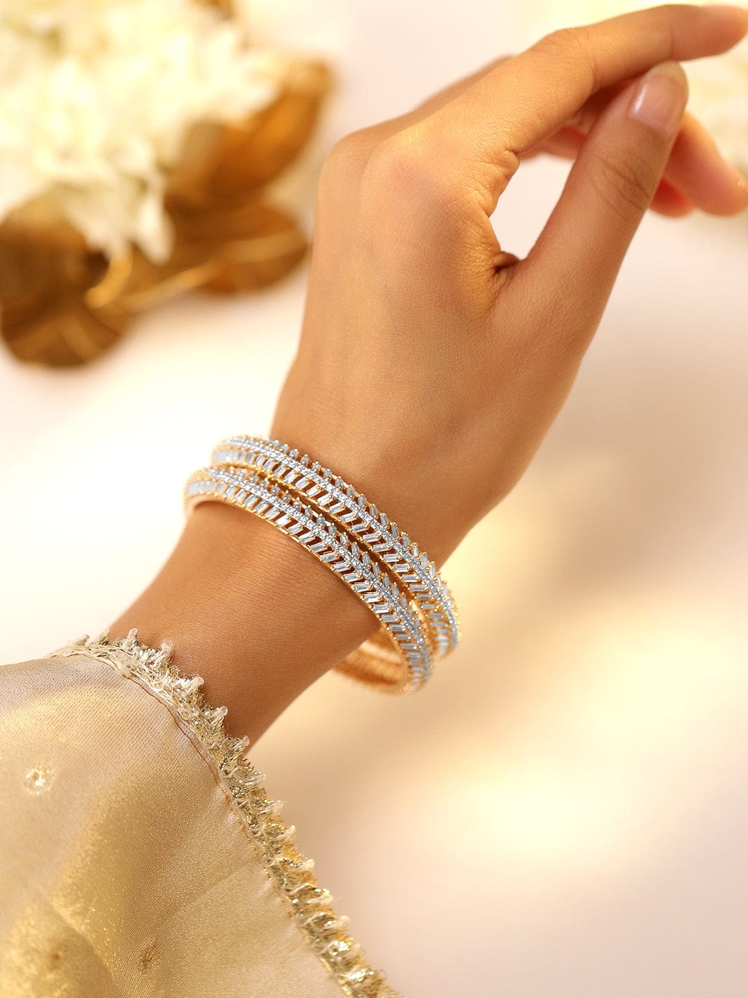 Rubans Set of 2 22K Gold-Plated Dual-Tone Cubic Zirconia Studded Handcrafted Premium Bangles 2.8 - Large