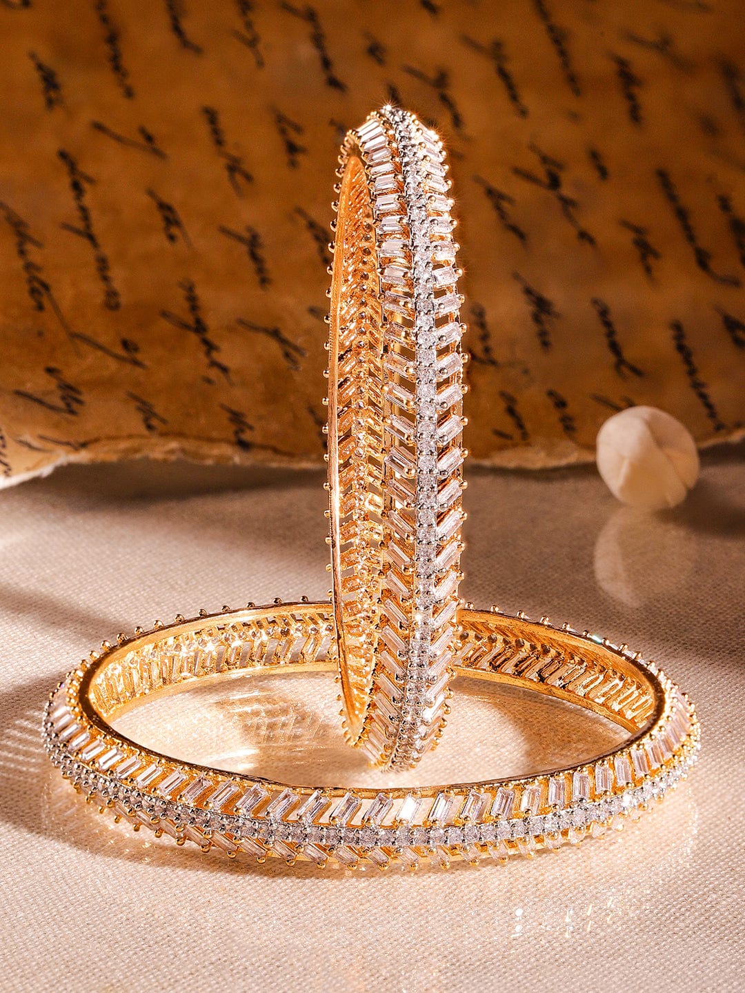 Rubans Set of 2 22K Gold-Plated Dual-Tone Cubic Zirconia Studded Handcrafted Premium Bangles 2.8 - Large