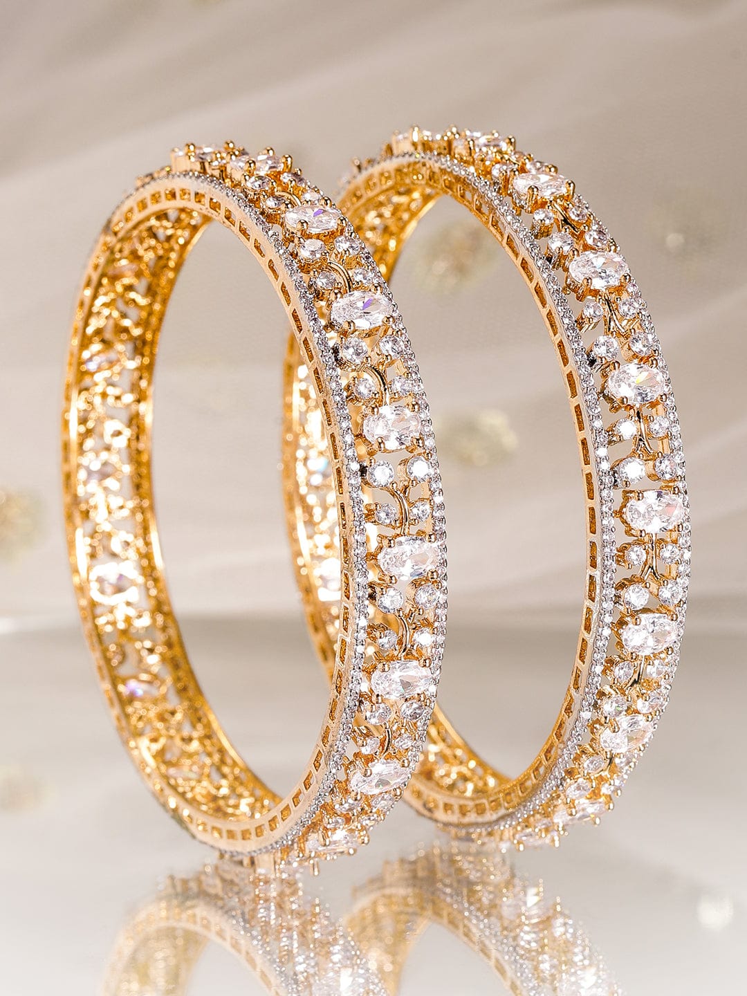 Rubans Set of 2, 22K Gold-Plated Dual-Tone Cubic Zirconia Studded Handcrafted Premium Bangles 2.4 - Small