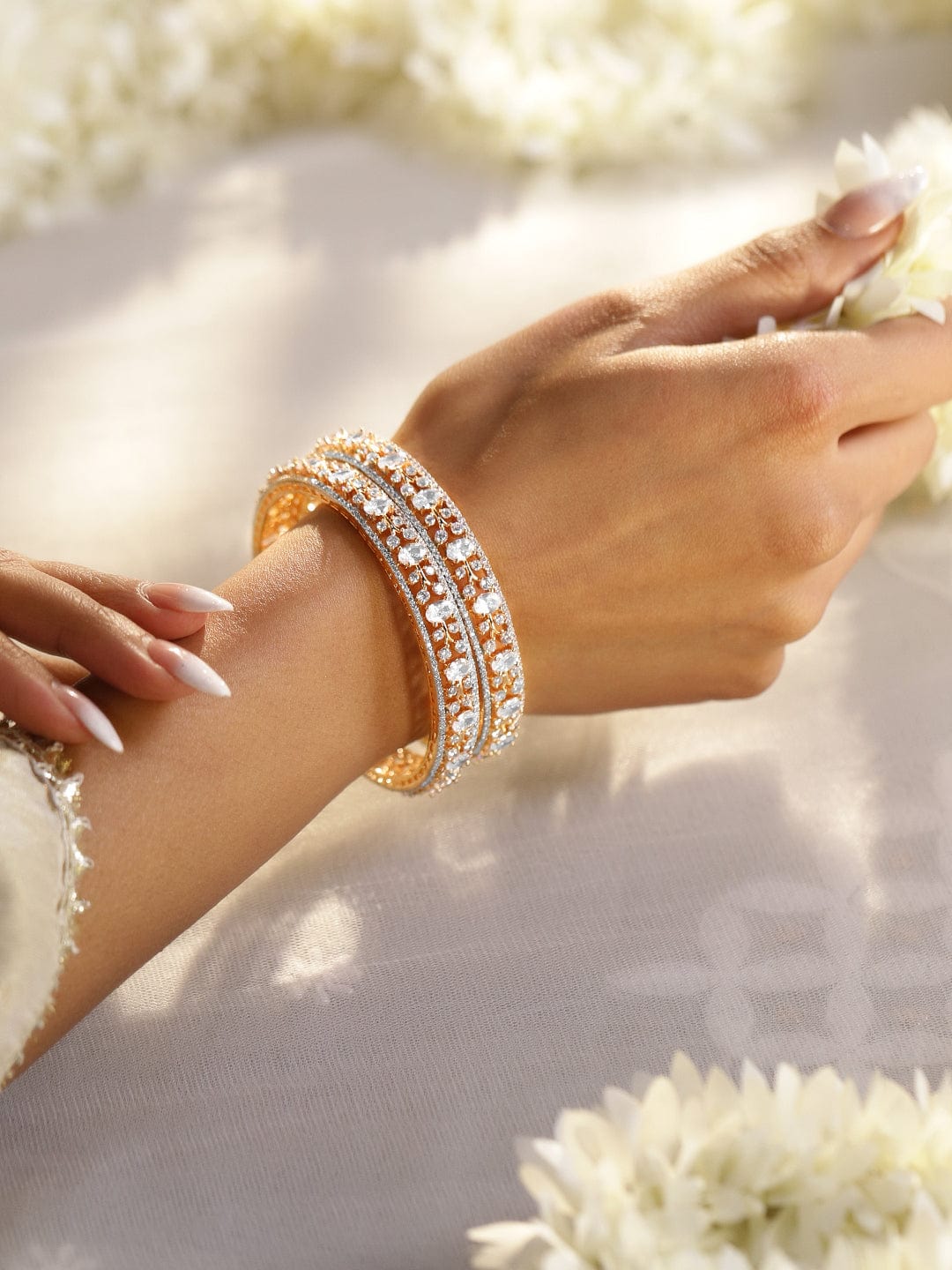 Rubans Set of 2, 22K Gold-Plated Dual-Tone Cubic Zirconia Studded Handcrafted Premium Bangles 2.4 - Small
