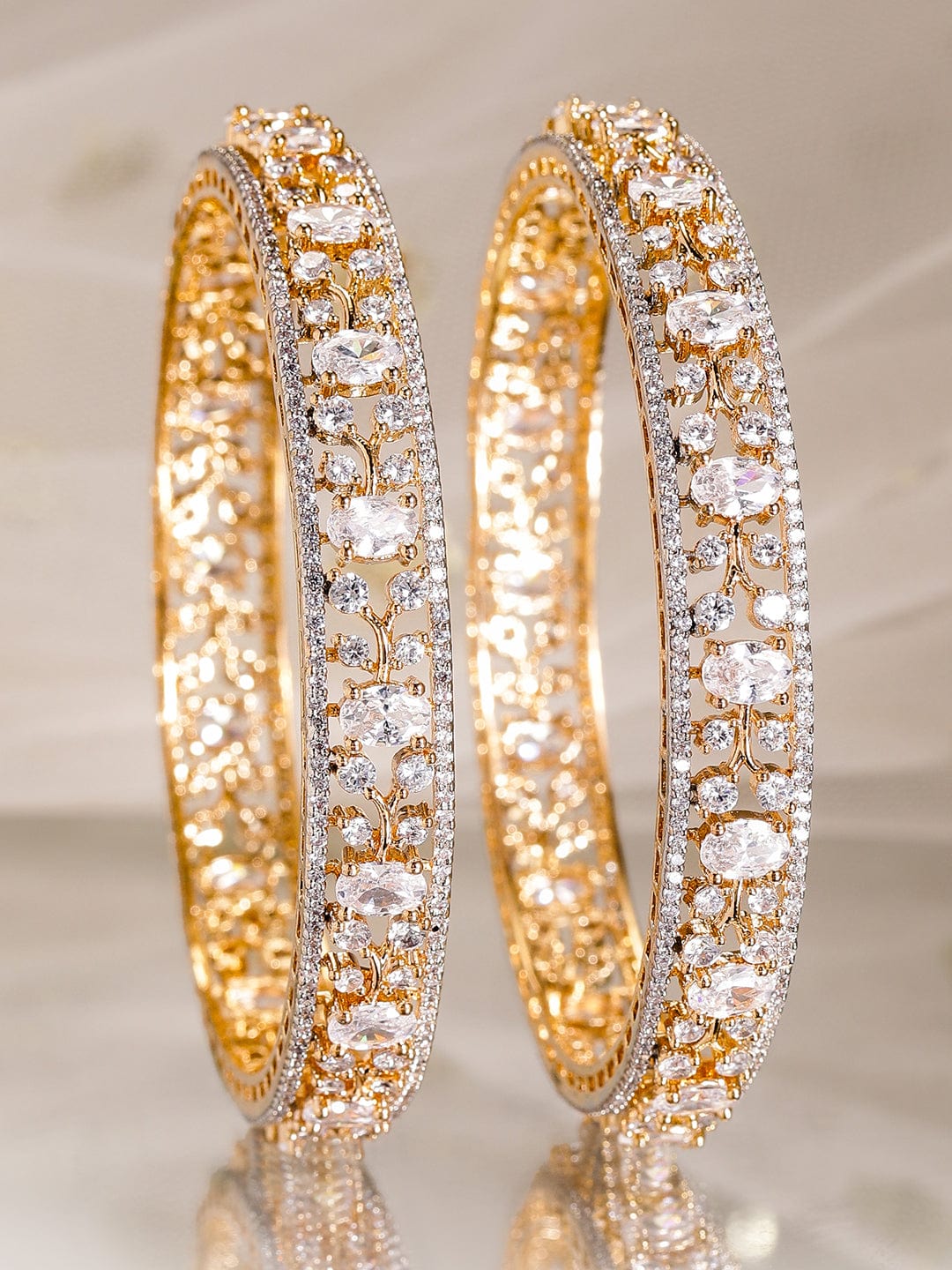 Rubans Set of 2, 22K Gold-Plated Dual-Tone Cubic Zirconia Studded Handcrafted Premium Bangles 2.4 - Small