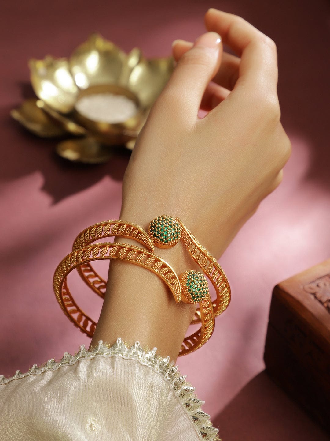 Rubans Set of 2 22K Gold-Plated Emerald Green Stone Studded Traditional Handcrafted Bangle 2.8 - Large