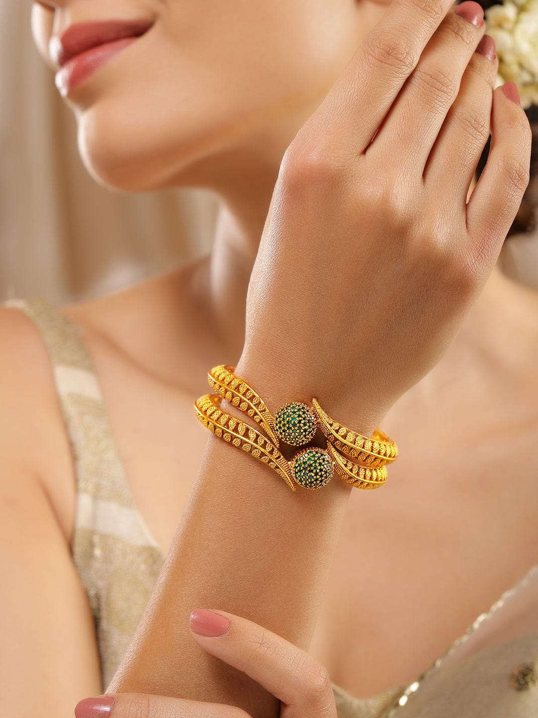 Rubans Set of 2 22K Gold-Plated Emerald Green Stone Studded Traditional Handcrafted Bangle 2.6 - Medium