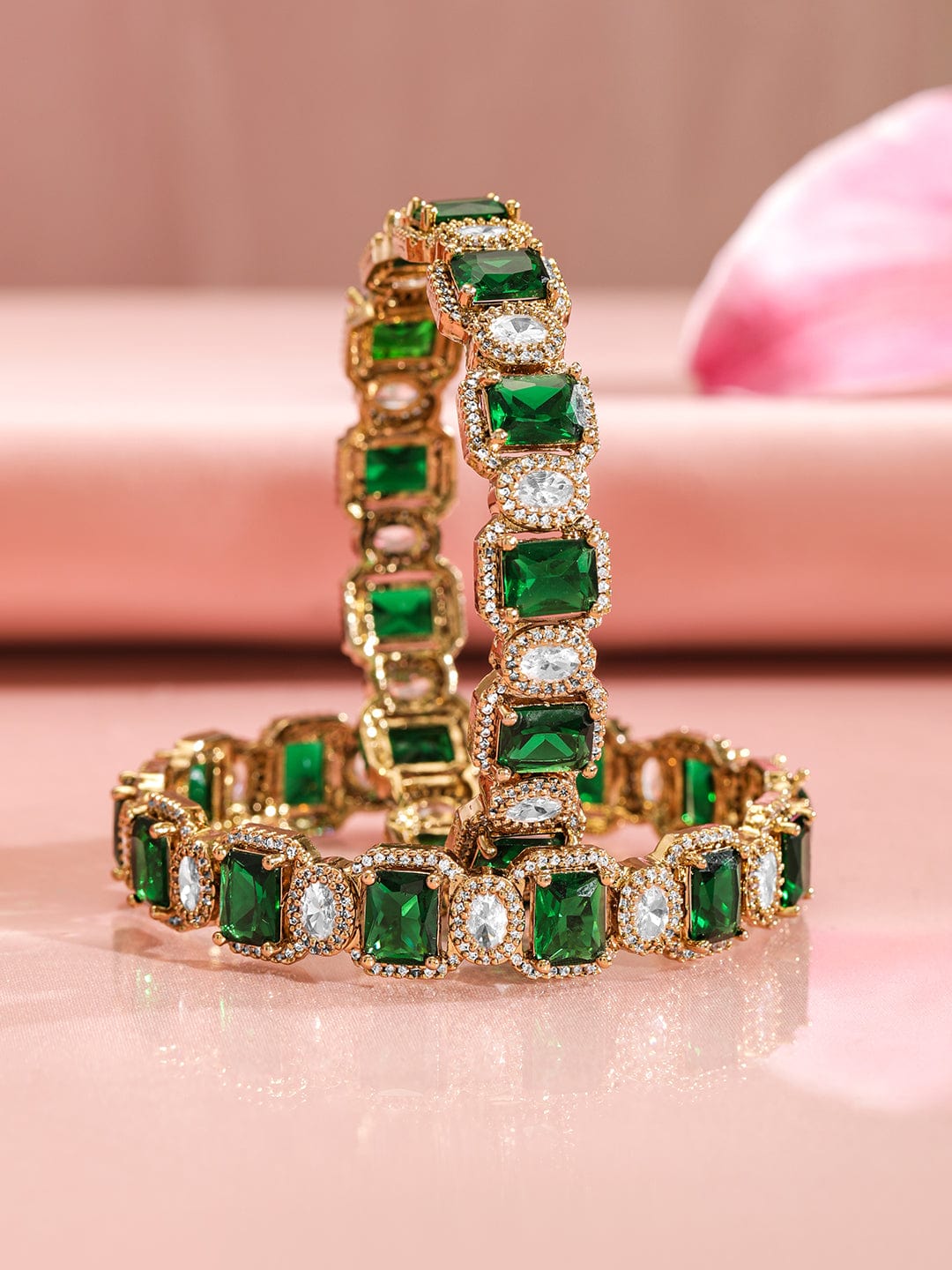 Rubans Set Of 2 22K Gold-Plated Emerald Green & White Cubic Zirconia Stone-Studded Bangles 2.4 - Small