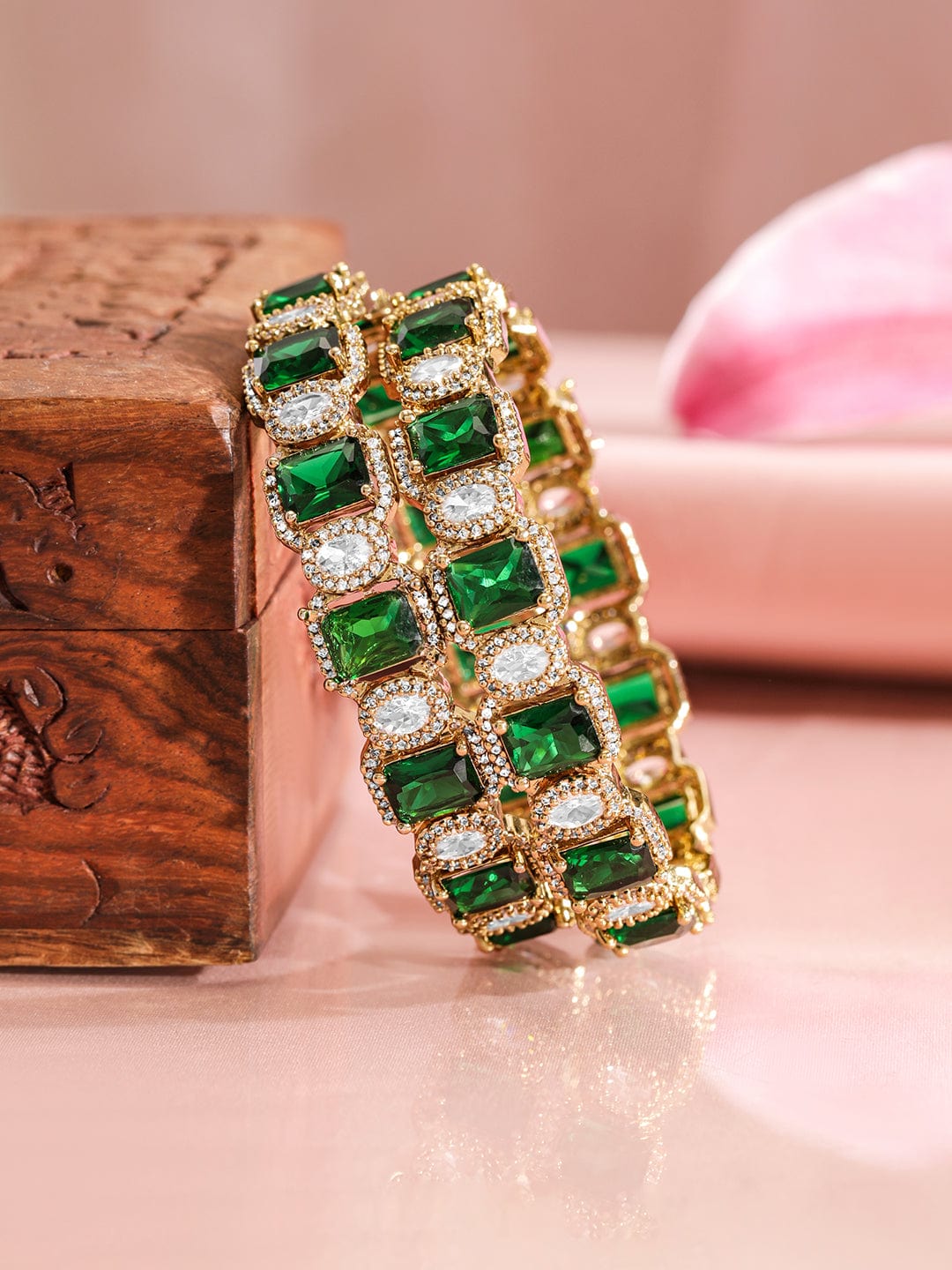 Rubans Set Of 2 22K Gold-Plated Emerald Green & White Cubic Zirconia Stone-Studded Bangles 2.8 - Large