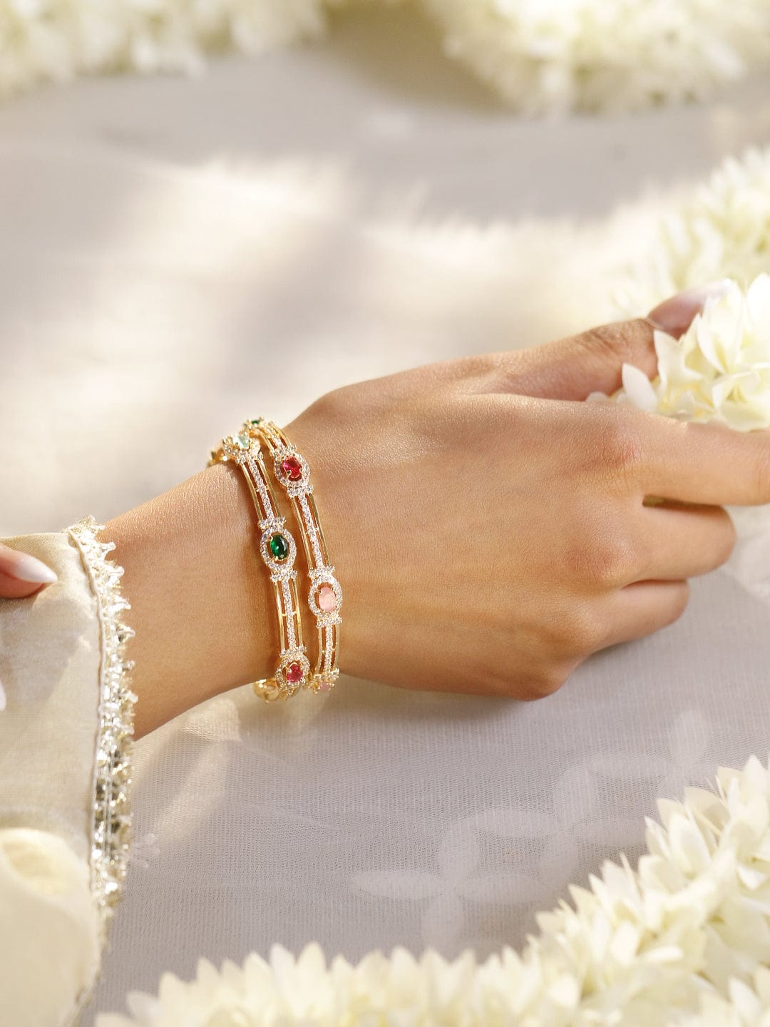 Rubans Set Of 2 22K Gold-Plated Multicolor Gemstone & Cubic Zirconia-Studded Bangles 2.6 - Medium