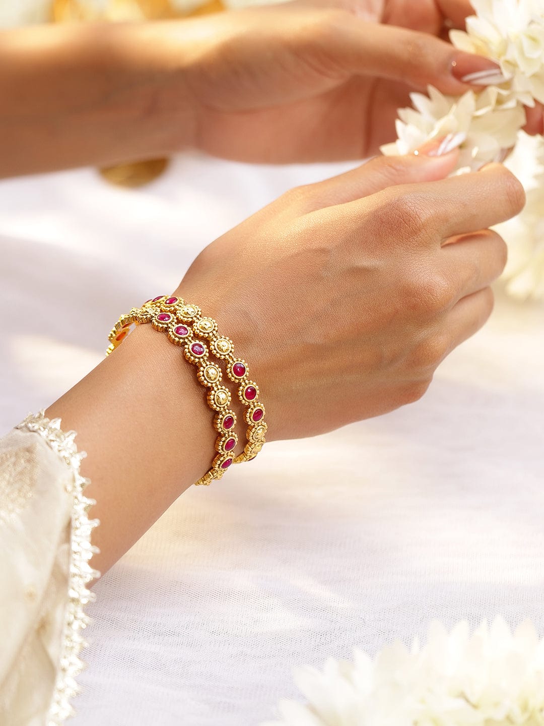 Rubans Set of 2, 22K Gold-Plated Ruby Pink Bangles with Gold Beading Traditional Design 2.4 - Small