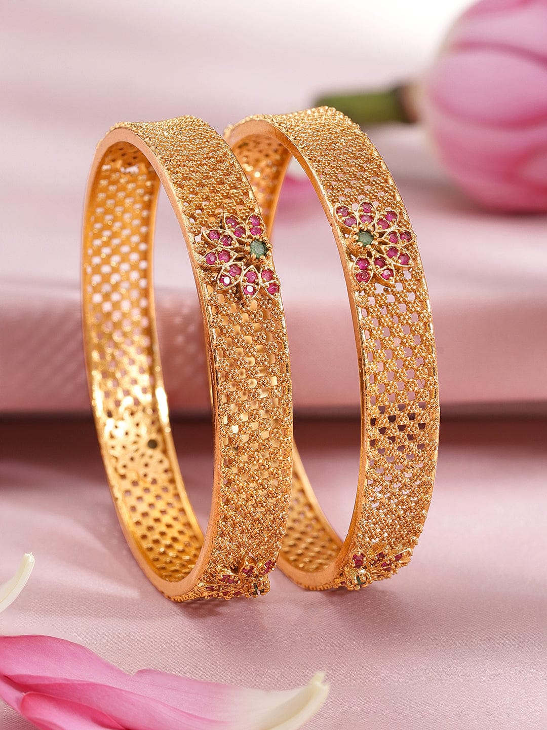 Rubans Set of 2 22K Gold Plated Ruby Pink & Emerald Green Stone Studded Bangles Gold / 2.8
