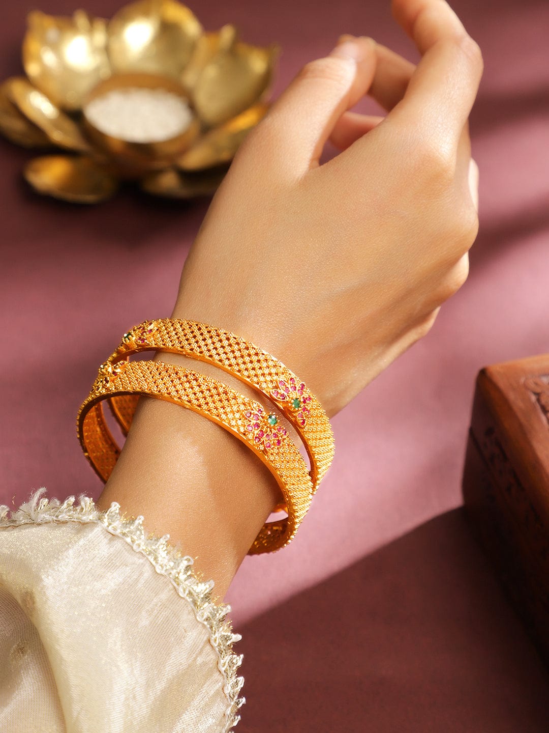 Rubans Set of 2 22K Gold Plated Ruby Pink & Emerald Green Stone Studded Bangles Gold / 2.8
