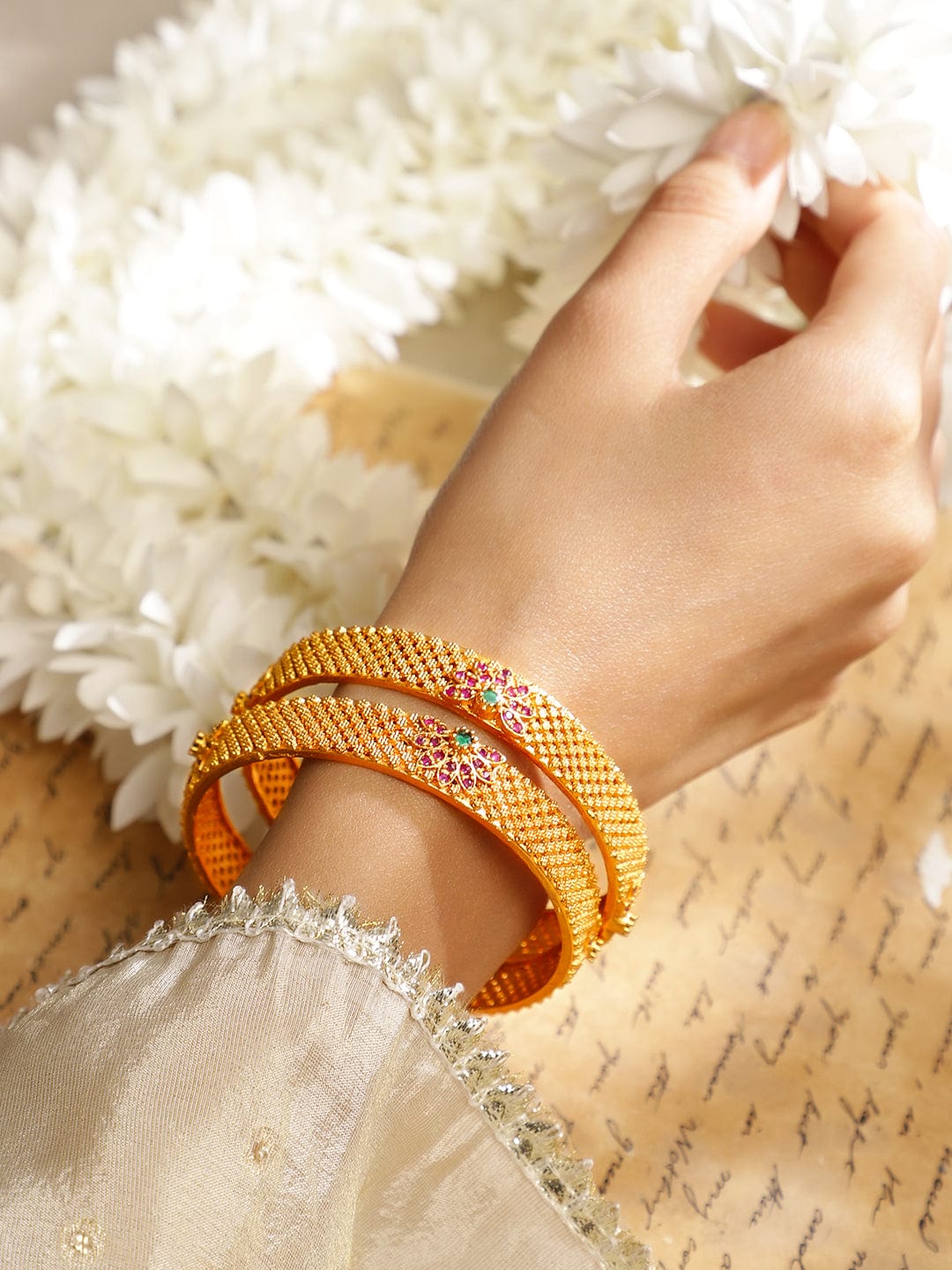 Rubans Set of 2 22K Gold Plated Ruby Pink & Emerald Green Stone Studded Bangles Gold / 2.4