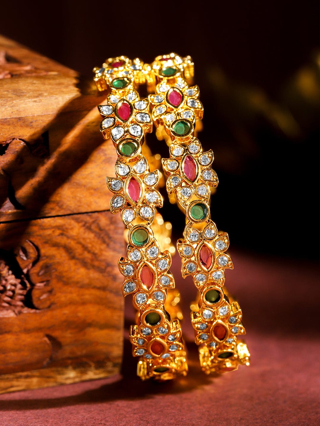 Rubans Set of 2, 22K Gold-Plated Ruby Pink & Emerald Green Stone Studded Handcrafted Bangles 2.4 - Small