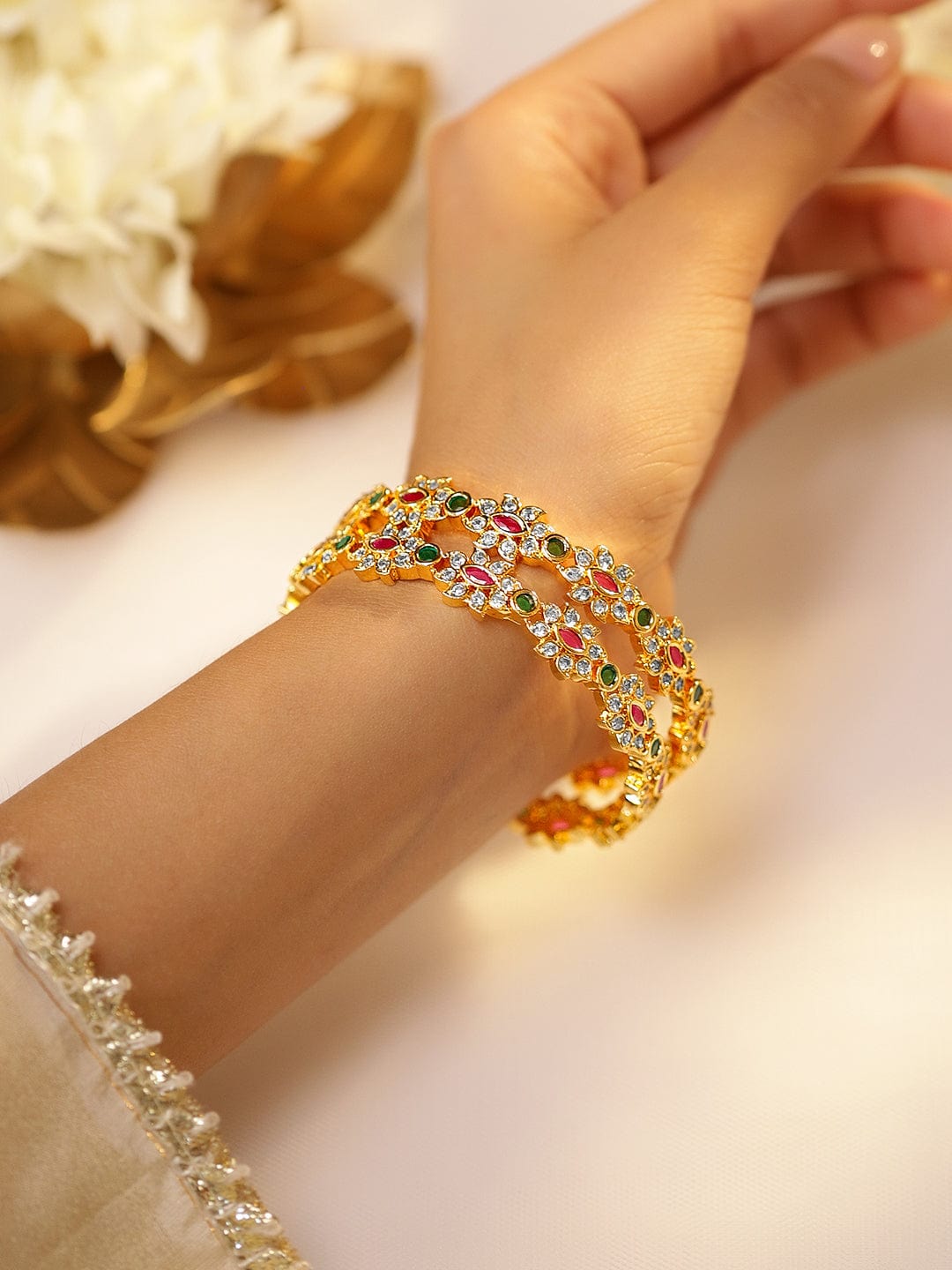 Rubans Set of 2, 22K Gold-Plated Ruby Pink & Emerald Green Stone Studded Handcrafted Bangles 2.4 - Small