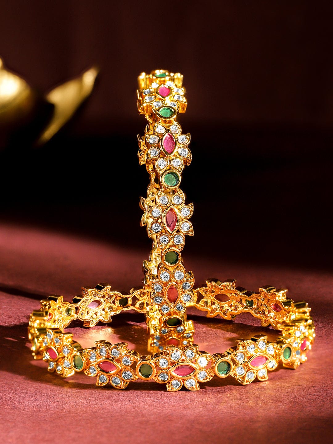 Rubans Set of 2, 22K Gold-Plated Ruby Pink & Emerald Green Stone Studded Handcrafted Bangles 2.4 - Small