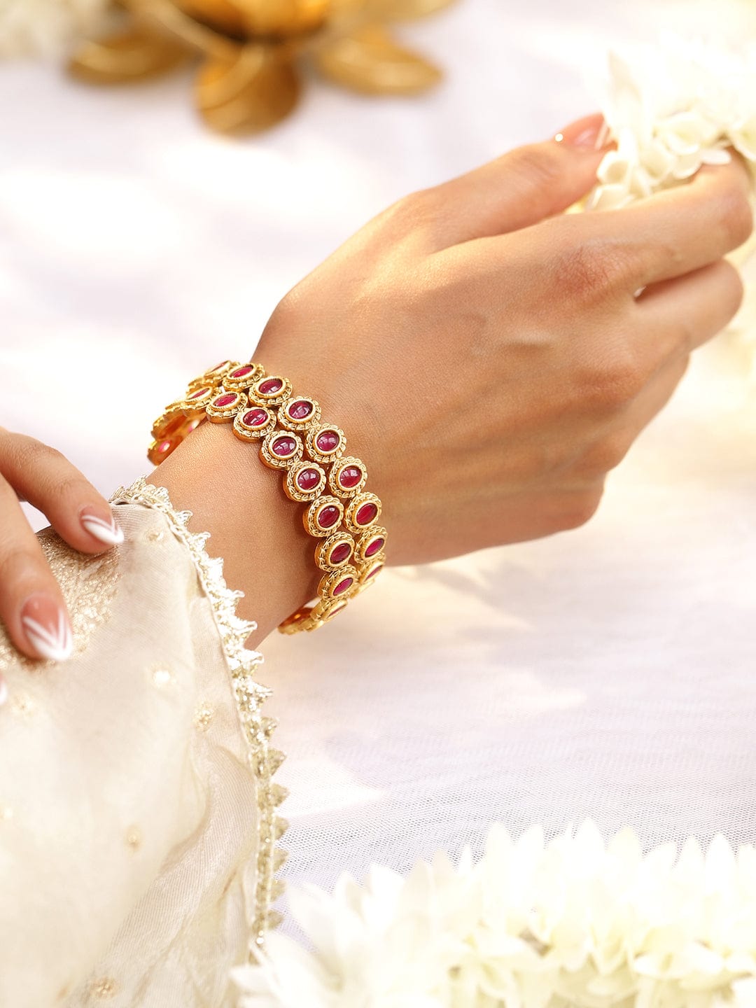 Rubans Set of 2, 22K Gold-Plated Ruby Pink Stone Studded Traditional Bangles 2.6 - Medium