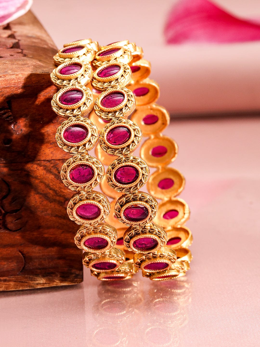 Rubans Set of 2, 22K Gold-Plated Ruby Pink Stone Studded Traditional Bangles 2.6 - Medium