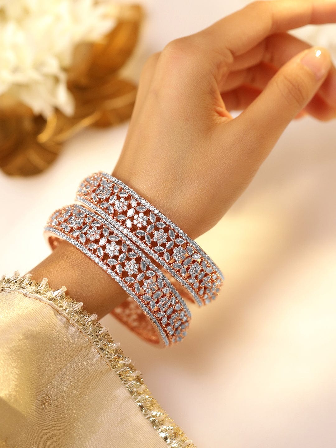 Rubans Set of 2 22K Rose Gold Plated Cubic Zirconia Stone Studded Floral Design Bangles 2.6 - Medium