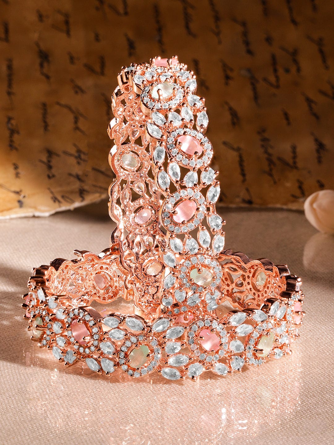 Rubans Set of 2 22K Rose Gold-Plated Pastel Pink, Blue & White Cubic Zirconia Studded Premium Bangles 2.6 - Medium