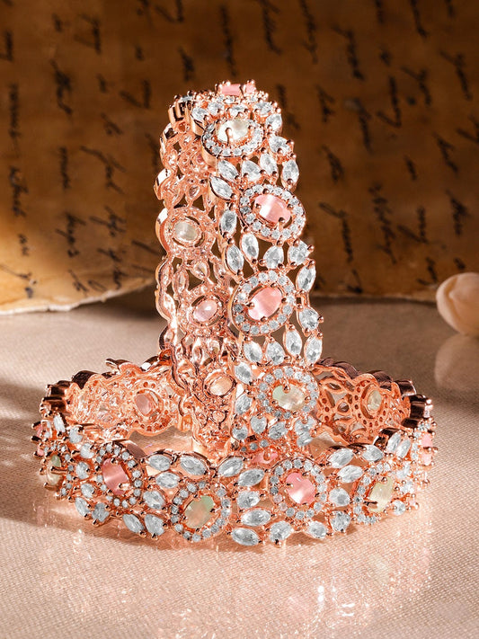 Rubans Set of 2 22K Rose Gold-Plated Pastel Pink, Blue & White Cubic Zirconia Studded Premium Bangles 2.6 - Medium