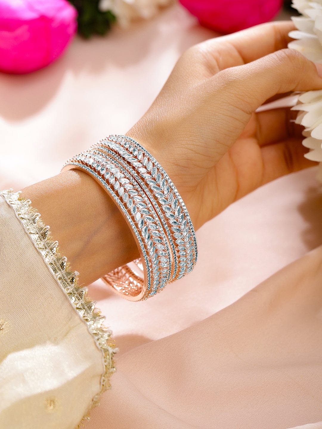 Rubans Set of 2 22K Rose Gold-Plated  White Cubic Zirconia Studded Leaf Motif Handcrafted Premium Bangles 2.6 - Medium