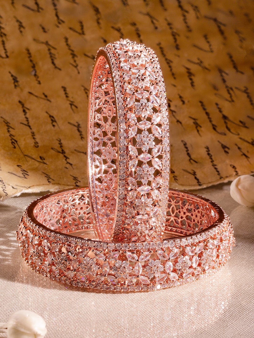 Rubans Set of 2, 22K Rose Gold Plated Zirconia Stone Studded Bangles Floral Design 2.10 - Extra Large