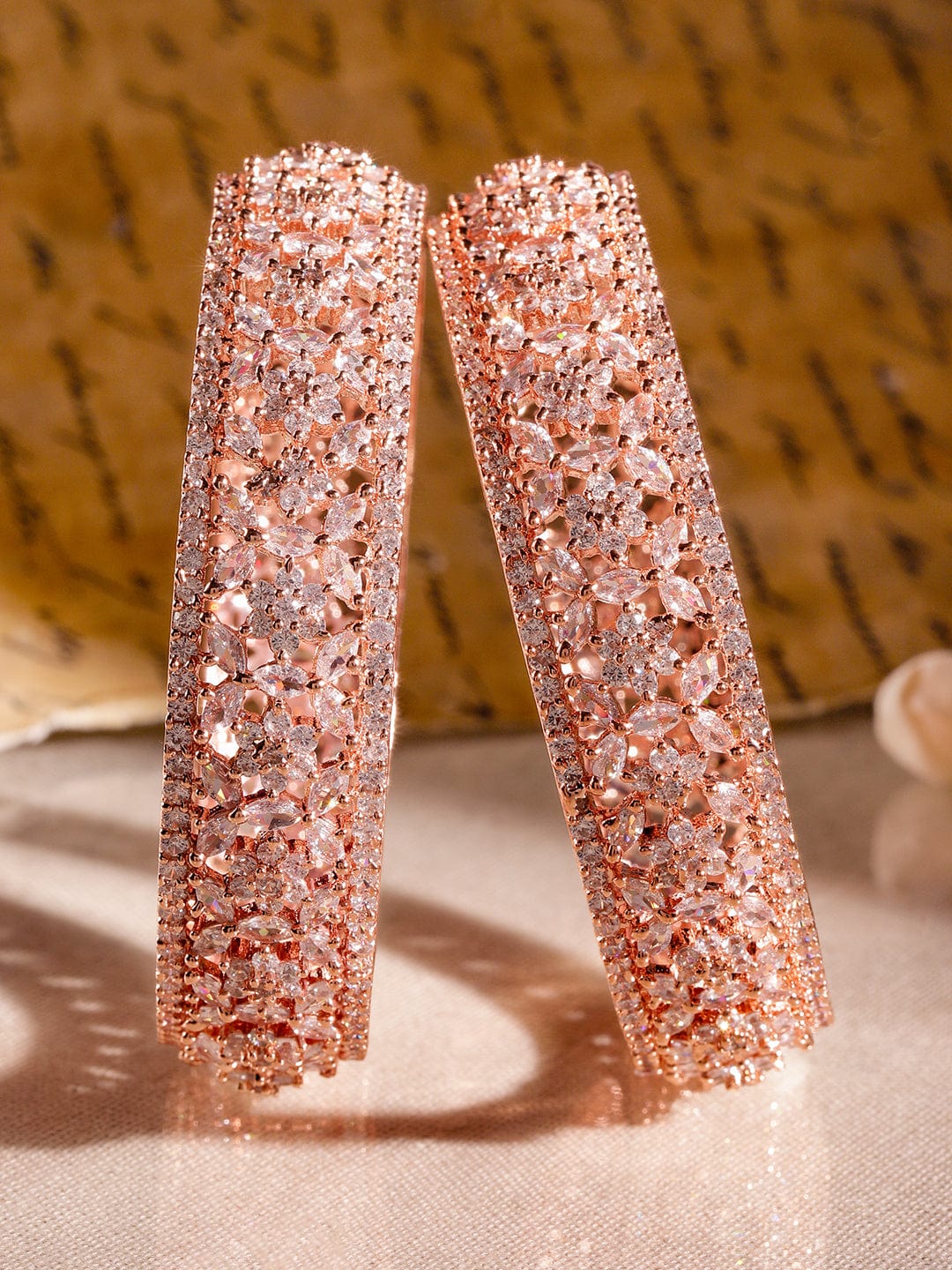 Rubans Set of 2, 22K Rose Gold Plated Zirconia Stone Studded Bangles Floral Design 2.10 - Extra Large