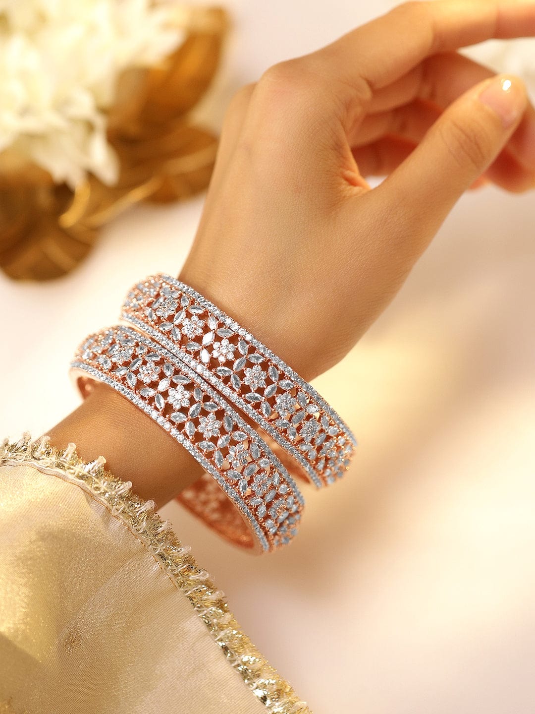 Rubans Set of 2, 22K Rose Gold Plated Zirconia Stone Studded Bangles Floral Design 2.10 - Extra Large