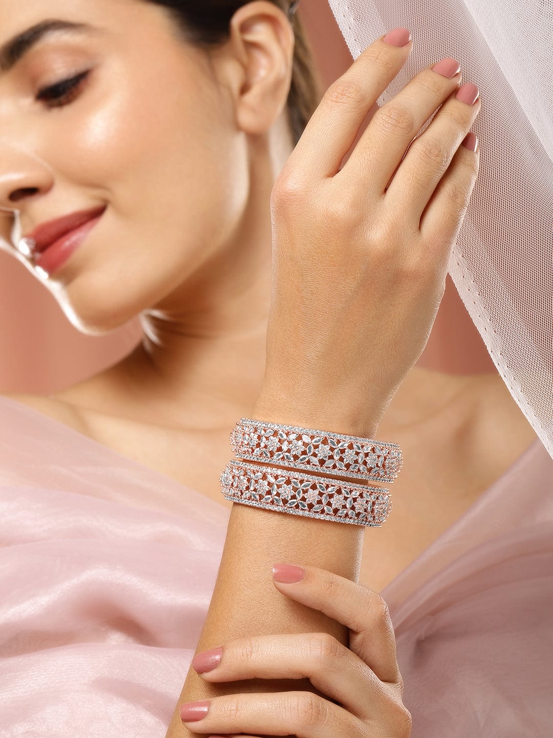 Rubans Set of 2, 22K Rose Gold Plated Zirconia Stone Studded Bangles Floral Design 2.4 - Small