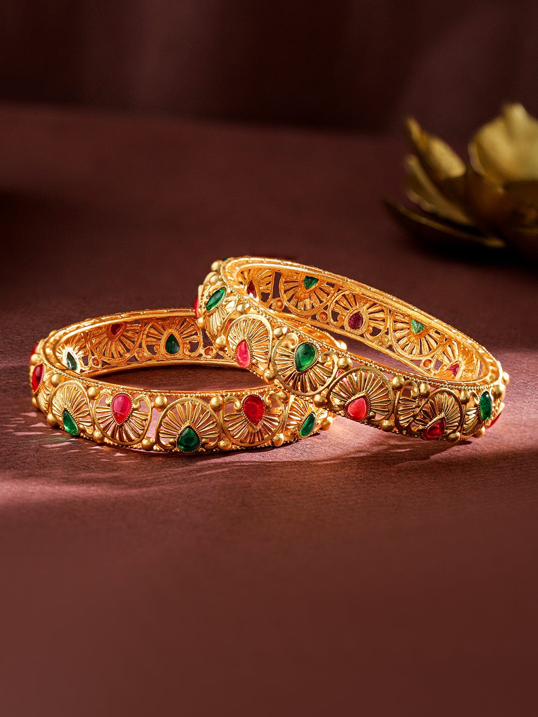Rubans Set of 2, 24K Gold-Plated Handcrafted Bangles with Ruby Red & Emerald Green Stones 2.4 - Small