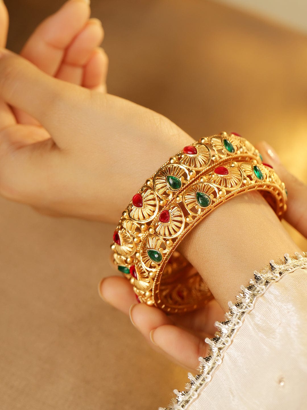 Rubans Set of 2, 24K Gold-Plated Handcrafted Bangles with Ruby Red & Emerald Green Stones 2.4 - Small
