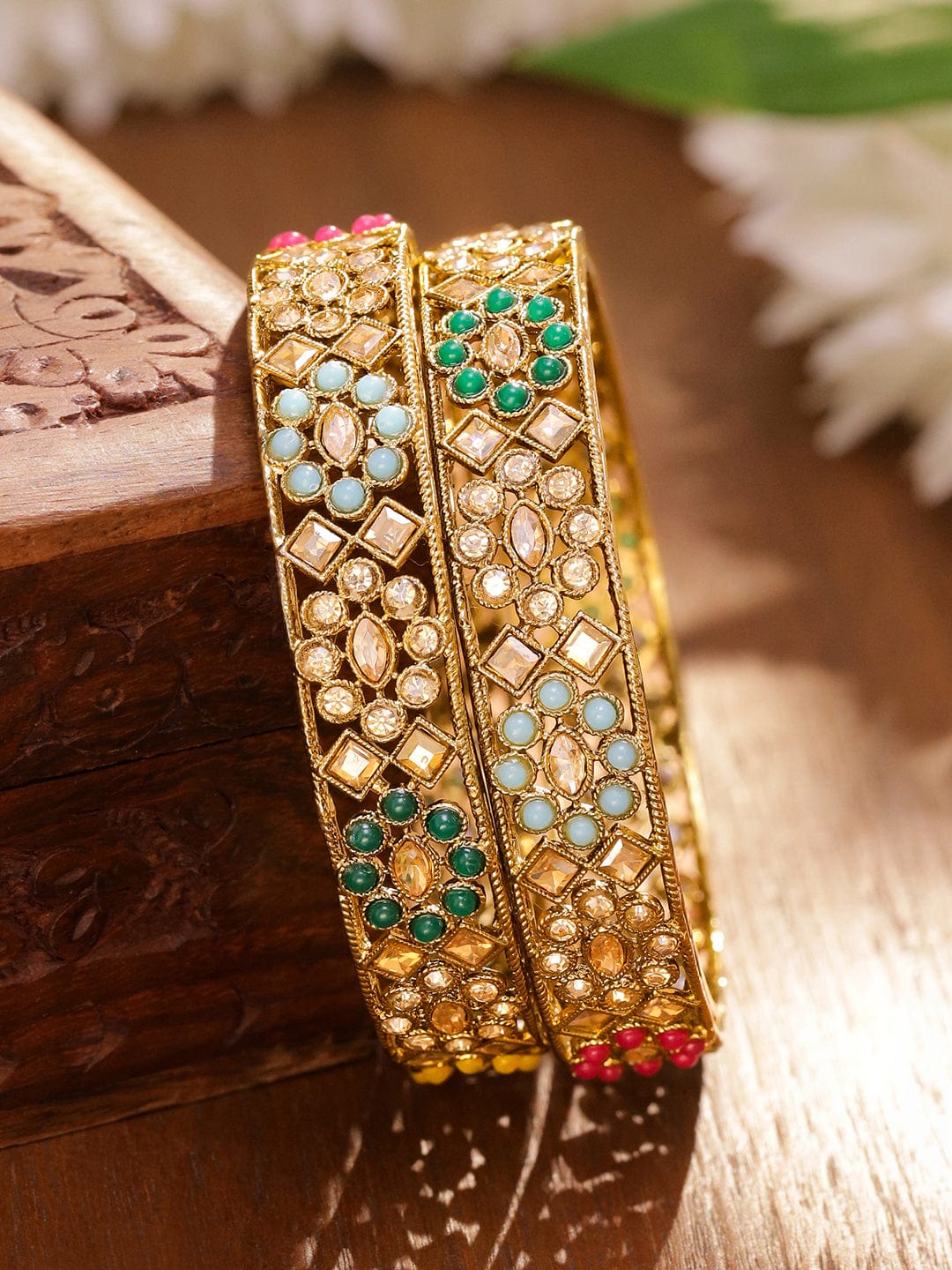 Multicolor Beaded Gold Bangles Set Of 2 2.8 - Large