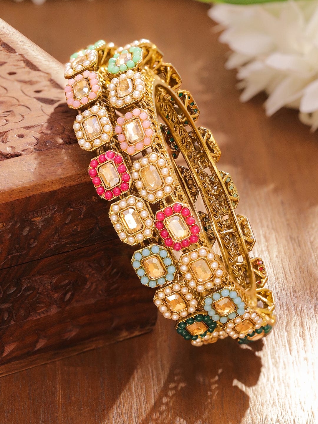 Gold Toned Multicolor Beaded Bangles Set Of 2 2.8 - Large