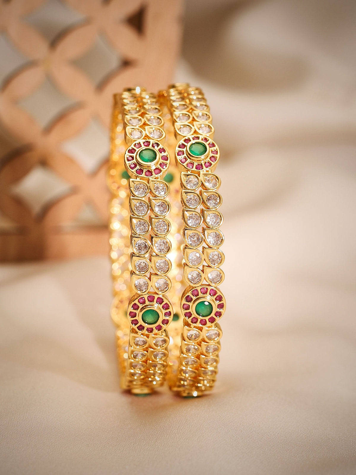 Rubans Set Of 2, 24K Gold Plated Red & Green Zircons Bangles Gold / 2.4