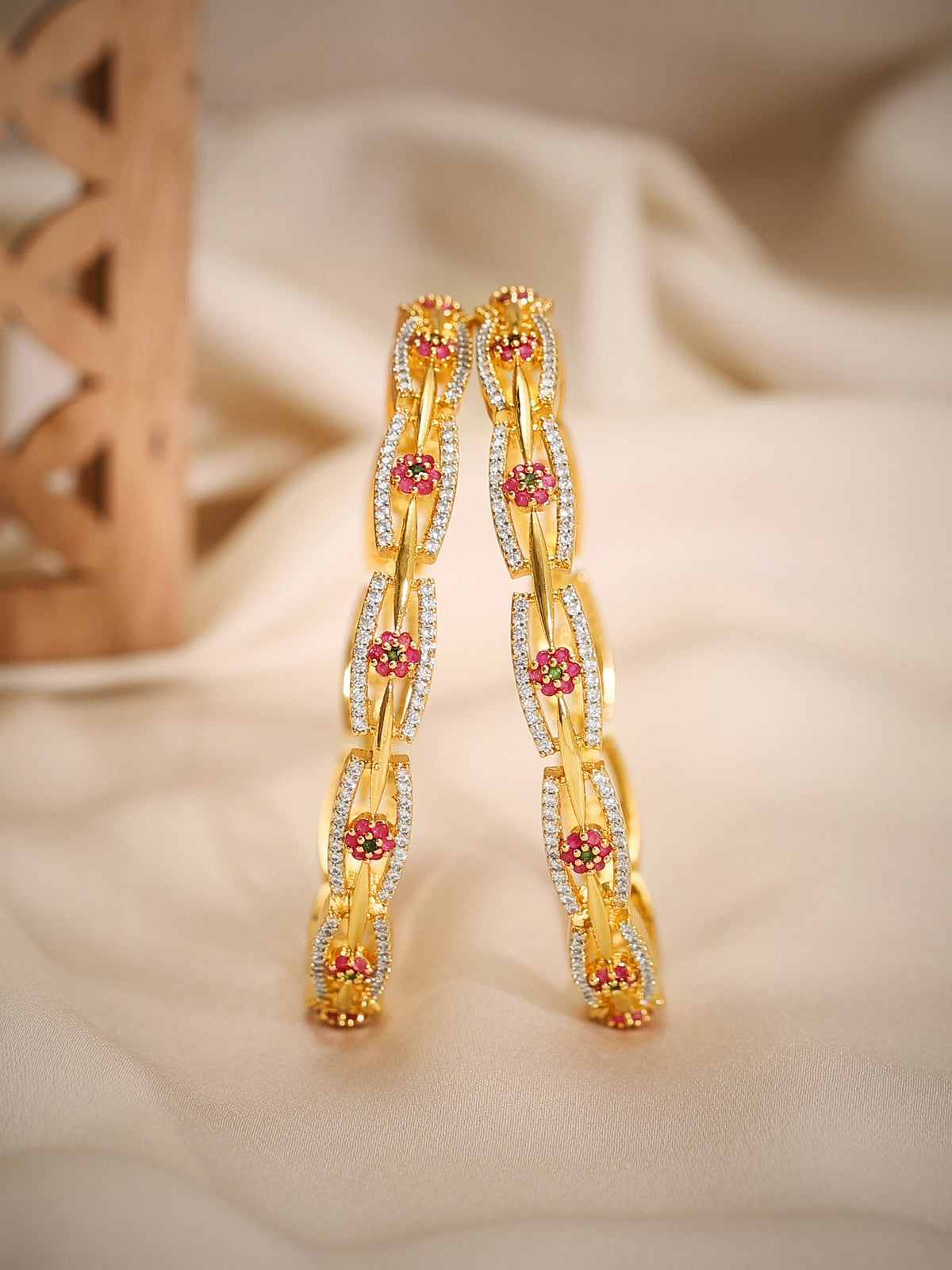 Rubans Set of 2 24K Gold Plated White Red and Green Kundan & Cubic Zirconia Studded Floral Bangles 2.10 - Extra Large