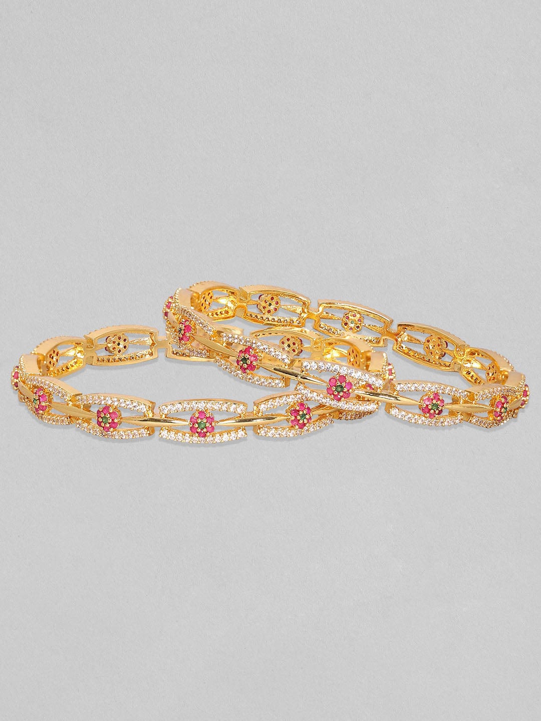 Rubans Set of 2 24K Gold Plated White Red and Green Kundan & Cubic Zirconia Studded Floral Bangles 2.10 - Extra Large