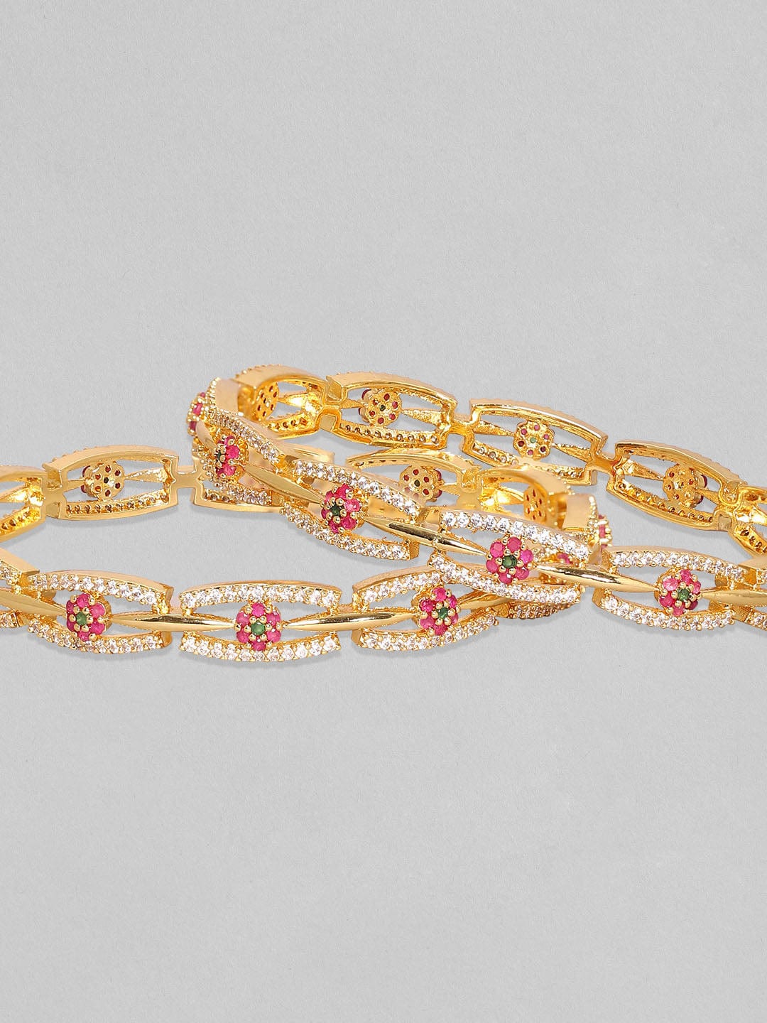 Rubans Set of 2 24K Gold Plated White Red and Green Kundan & Cubic Zirconia Studded Floral Bangles 2.6 - Medium