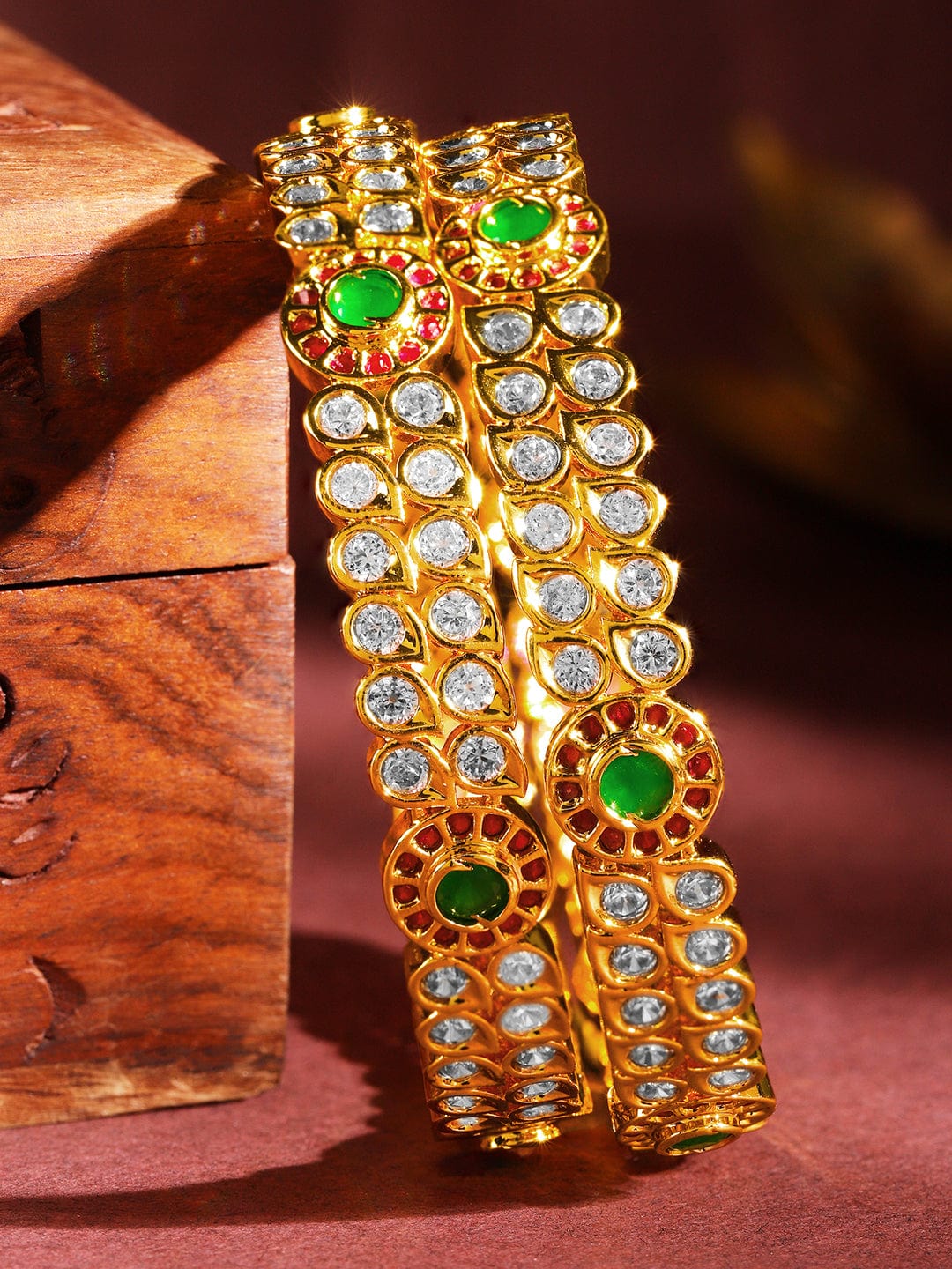 Rubans Set Of 2 24K Gold-Plated Ruby Pink & Emerald Green Kundan & White Cubic Zirconia Studded Handcrafted Bangles 2.8 - Large