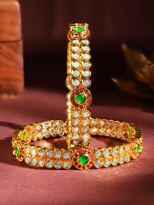 Rubans Set Of 2 24K Gold-Plated Ruby Pink & Emerald Green Kundan & White Cubic Zirconia Studded Handcrafted Bangles 2.8 - Large