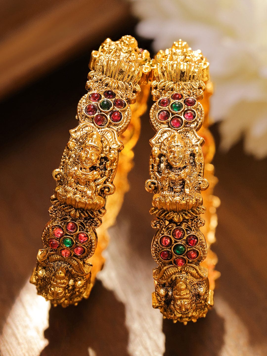 Rubans Set of 2 24K Gold-Plated Ruby Red & Green Stone Studded Temple Bangles with Lakshmi Motif 2.4 - Small
