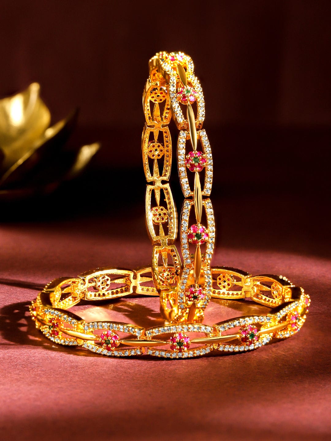 Rubans Set of 2 24K Gold Plated White Red and Green Kundan & Cubic Zirconia Studded Floral Bangles 2.6 - Medium