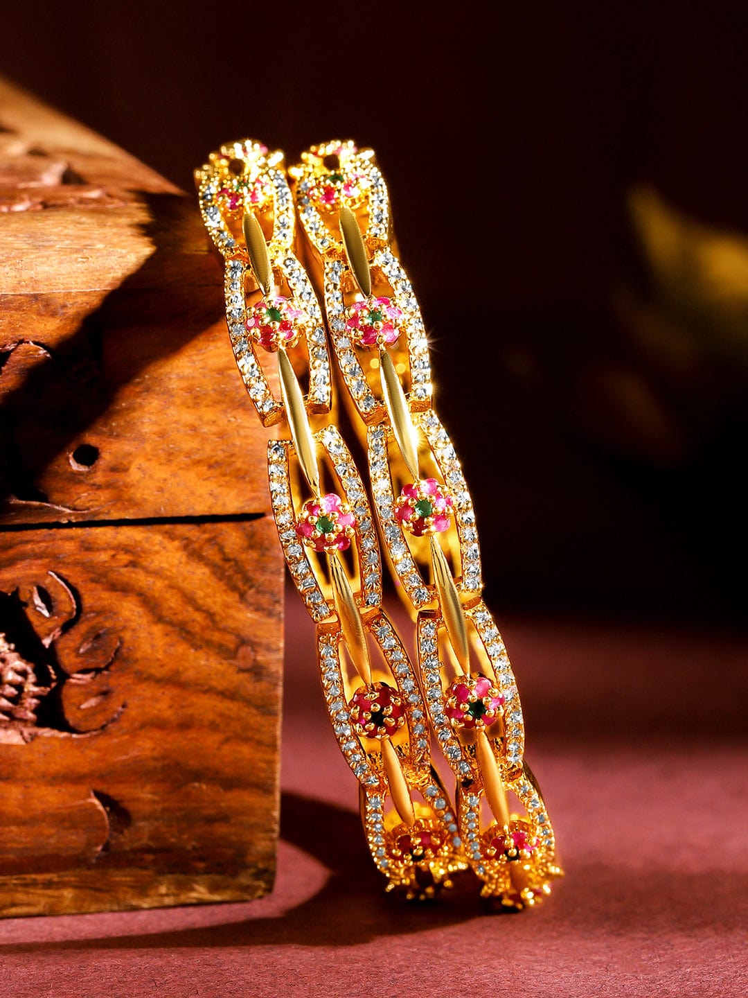 Rubans Set of 2 24K Gold Plated White Red and Green Kundan & Cubic Zirconia Studded Floral Bangles 2.10 - Extra Large