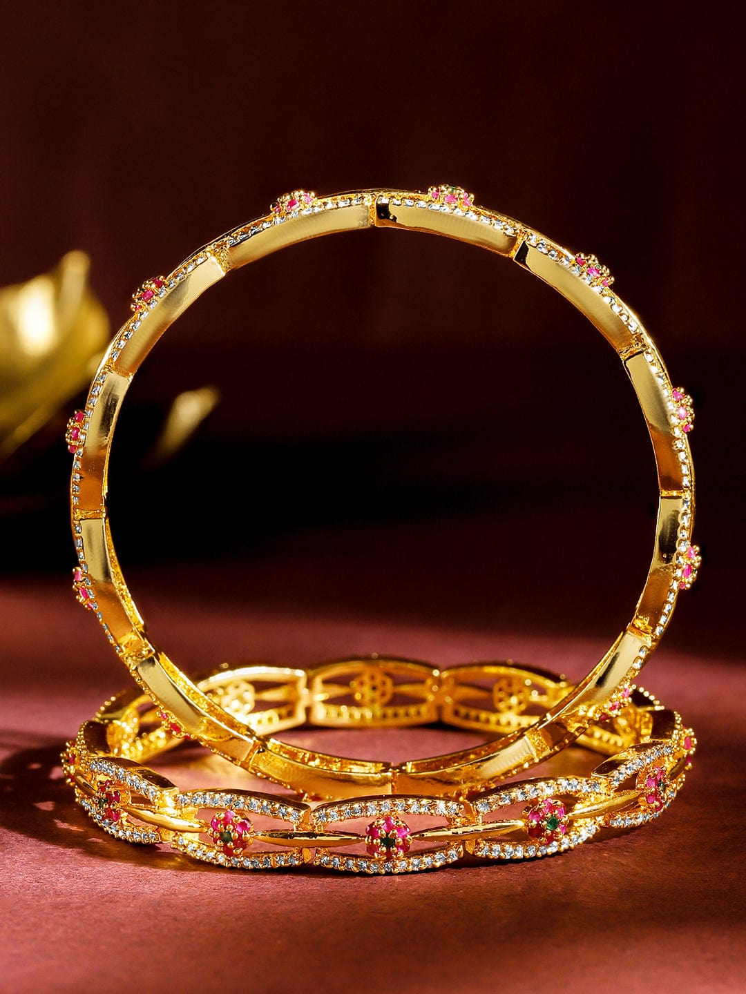 Rubans Set of 2 24K Gold Plated White Red and Green Kundan & Cubic Zirconia Studded Floral Bangles 2.8 - Large
