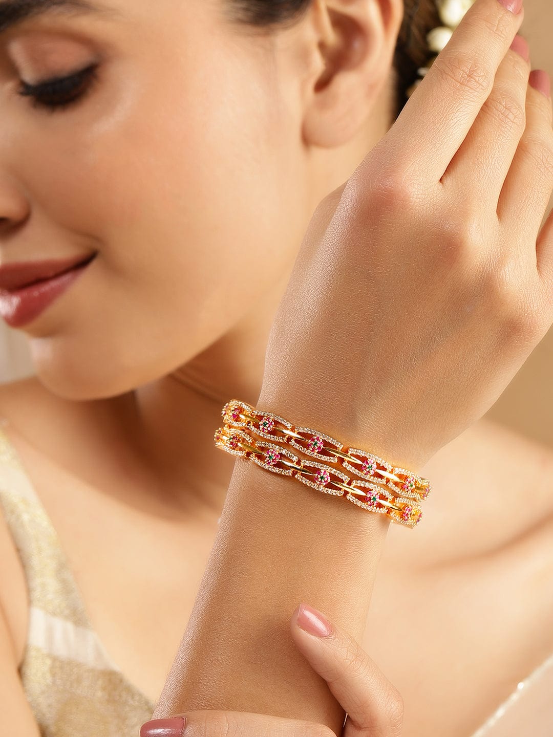 Rubans Set of 2 24K Gold Plated White Red and Green Kundan & Cubic Zirconia Studded Floral Bangles 2.8 - Large