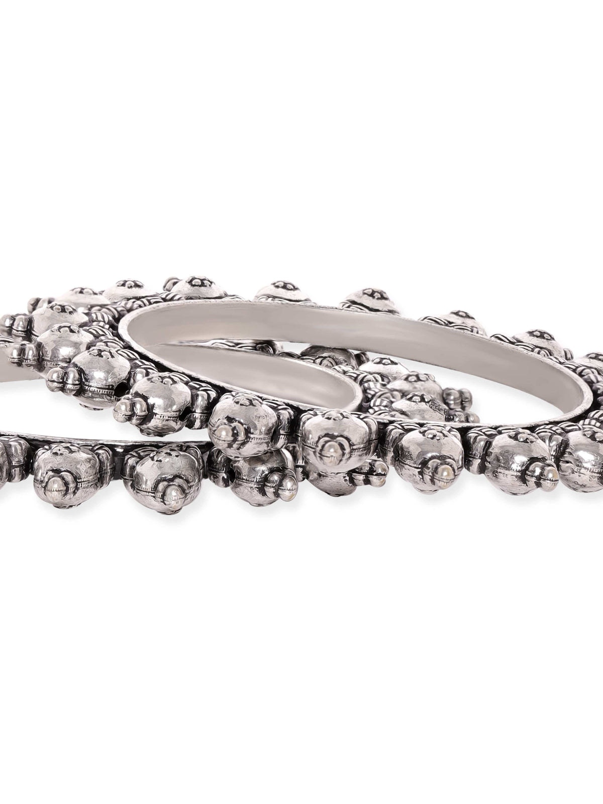Rubans Set Of 2 Silver-Plated Oxidized Artisan-Crafted Bangles with Ghungroo Beads 2.4 - Small