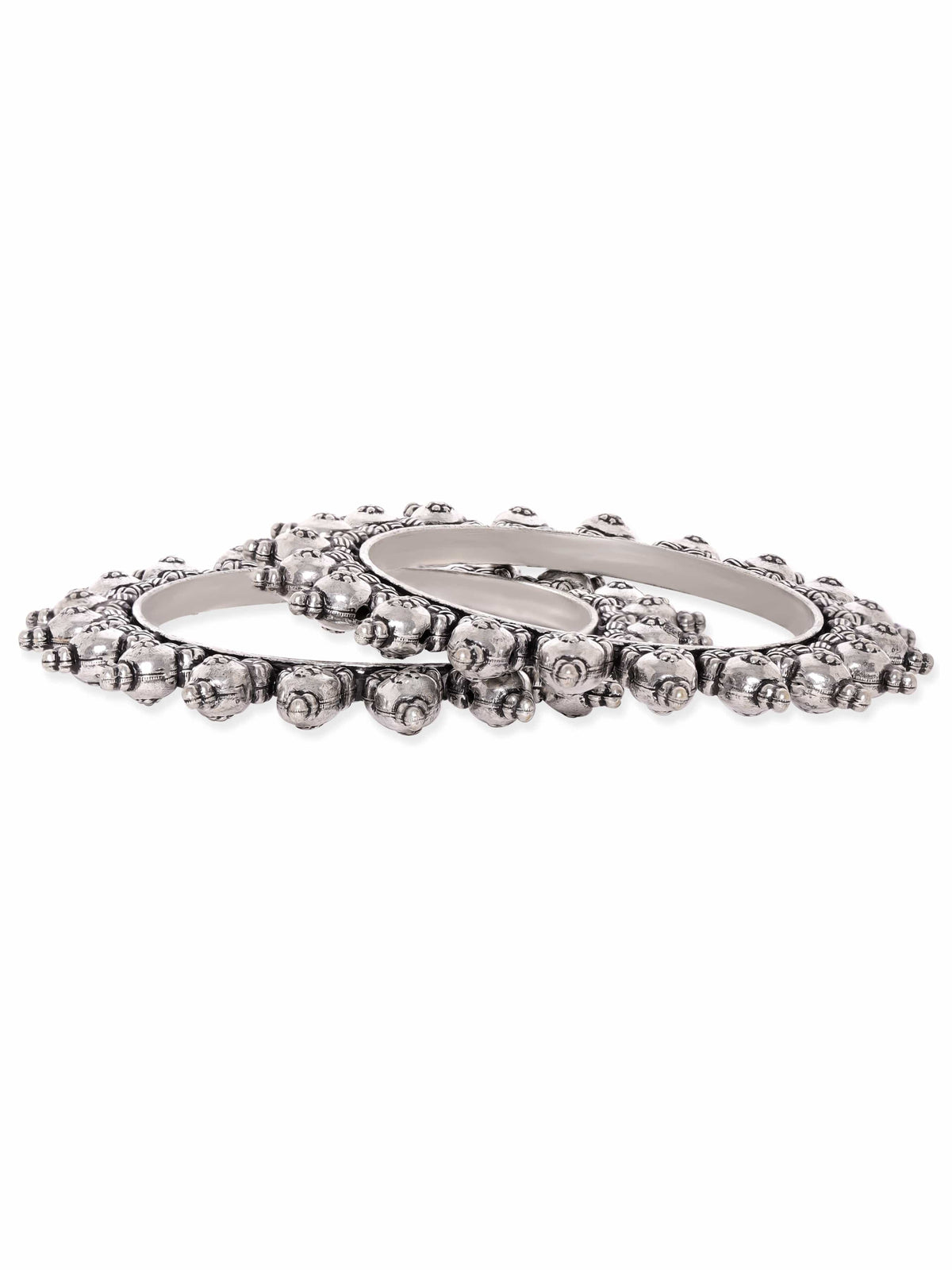 Rubans Set Of 2 Silver-Plated Oxidized Artisan-Crafted Bangles with Ghungroo Beads 2.4 - Small