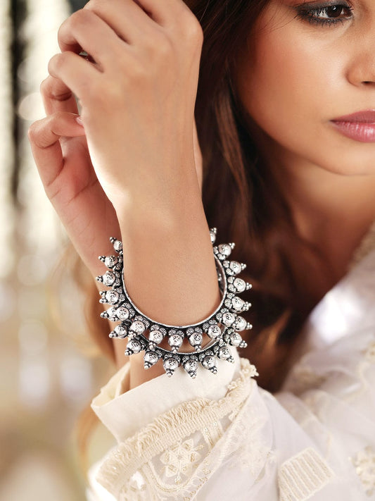 Rubans Set Of 2 Silver-Plated Oxidized Artisan-Crafted Bangles with Ghungroo Beads 2.4 - Small