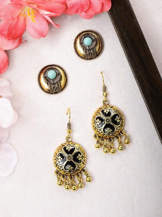 【Rubans】 Set of 2 Gold-Toned & Black Classic Studs Earrings｜ゴールドトーン＆ブラック クラシック イヤリング 2組セット