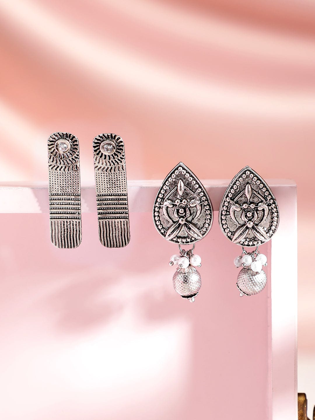 【Rubans】 Set of 2 Oxidised Geometric Drop Earrings｜オキシダイズド ジオメトリック ドロップイヤリング 2組セット