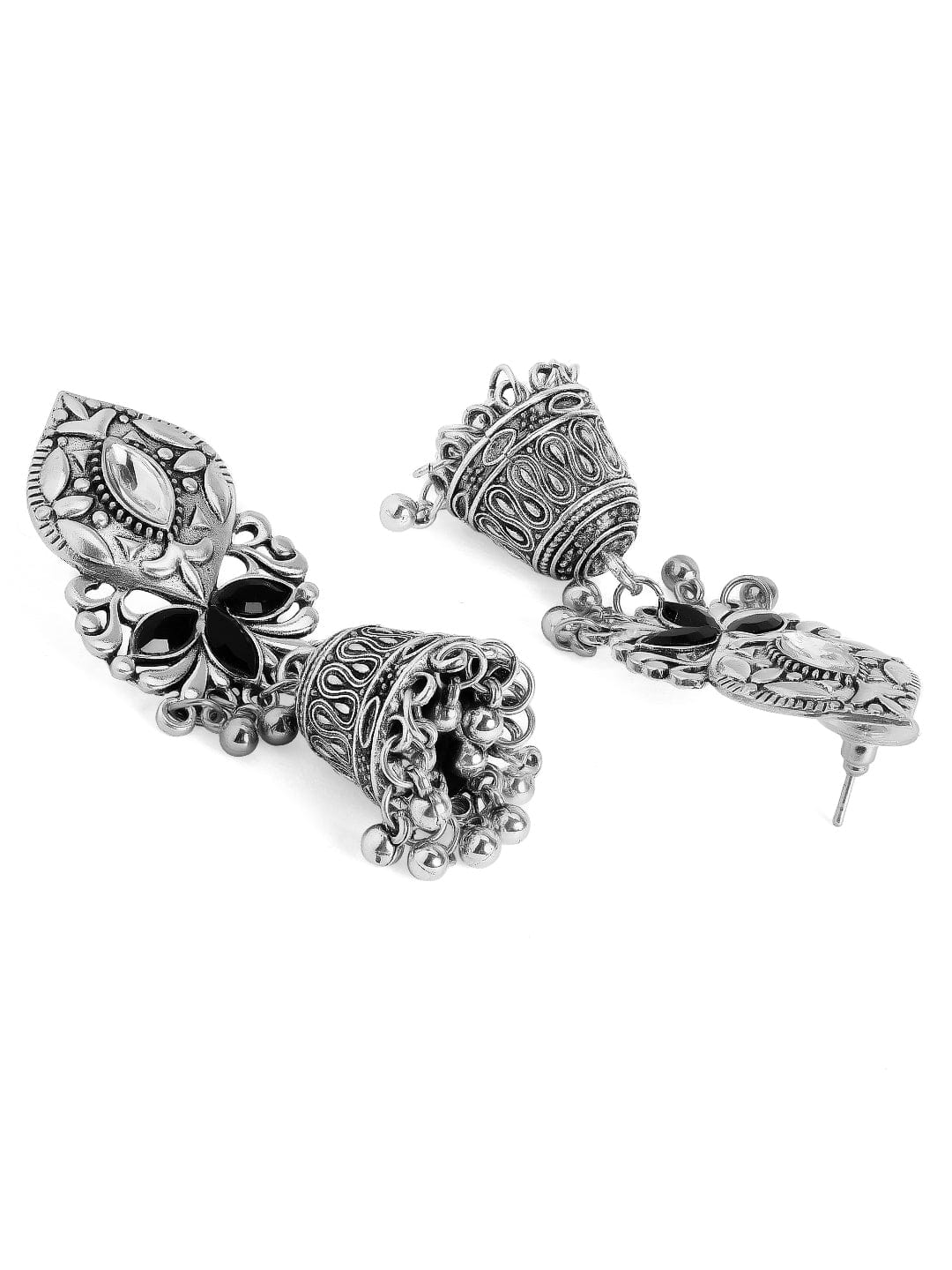 Rubans Set Of 2, Oxidized Finish Jhumka Dangle Earrings Silver::Gold