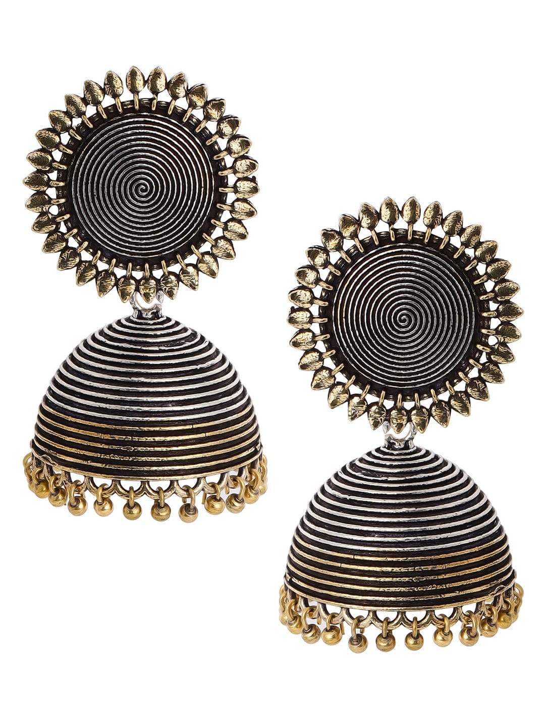 Rubans Set Of 2, Oxidized Finish Jhumka Dangle Earrings Silver::Gold